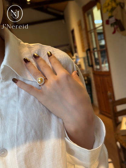 Morning‑Sun Petal‑Framed South Sea Golden Pearl Ring | 9-10mm Medium Gold Near‑Round Almost Flawless, Fine‑Craft 925 Sterling Silver, For Work & Special Occasion（Pearl Variation）