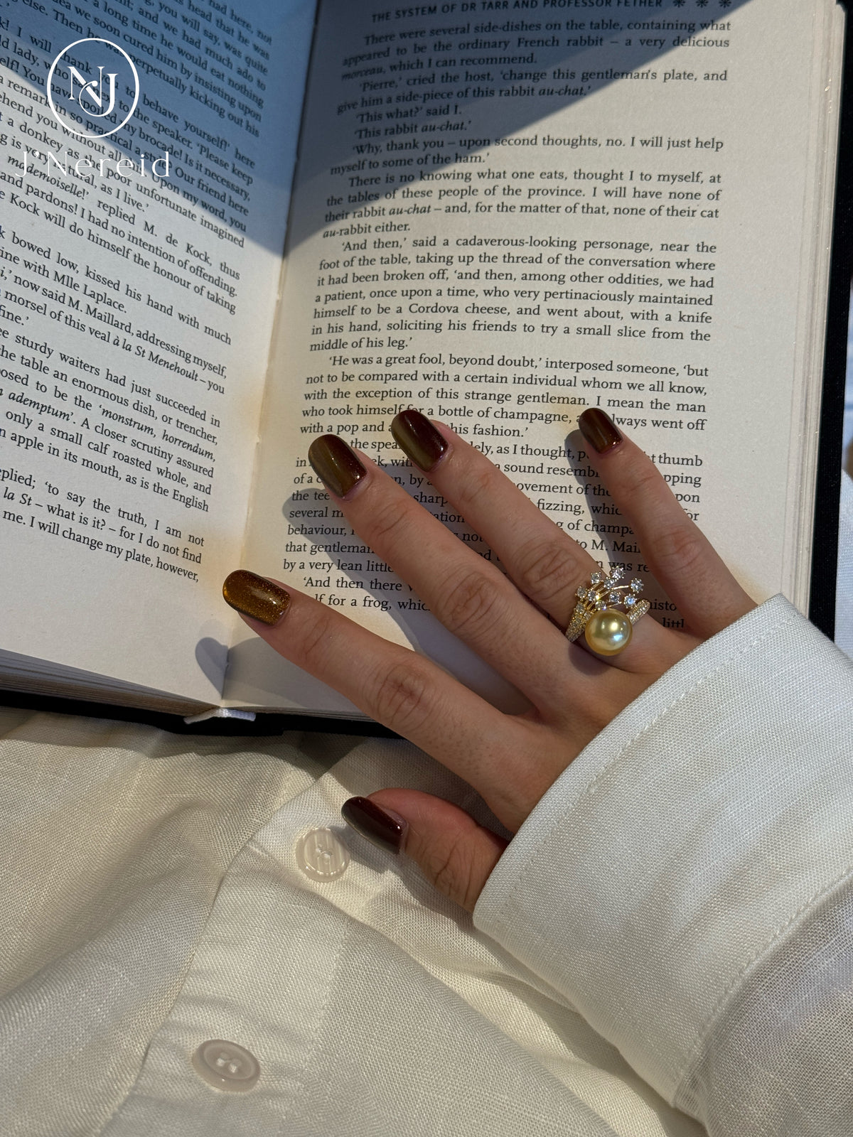 Iris Floral Branch Design South Sea Golden Pearl Ring |10‑11mm Medium Gold Near‑Round Minor Blemishes, Fine‑Craft 925 Sterling Silver, Cocktail & Dress‑Up Occasions（Pearl Variation）