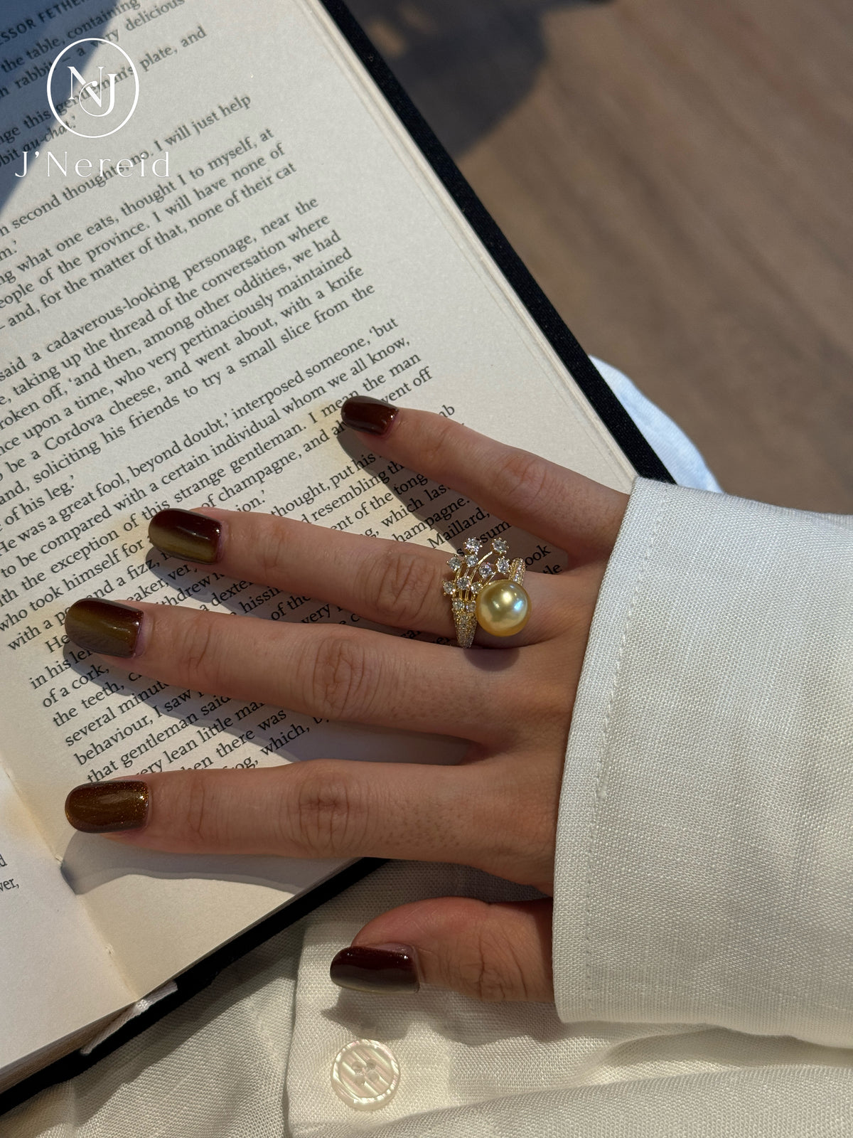 Iris Floral Branch Design South Sea Golden Pearl Ring |10‑11mm Medium Gold Near‑Round Minor Blemishes, Fine‑Craft 925 Sterling Silver, Cocktail & Dress‑Up Occasions（Pearl Variation）
