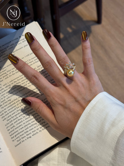 Iris Floral Branch Design South Sea Golden Pearl Ring |10‑11mm Medium Gold Near‑Round Minor Blemishes, Fine‑Craft 925 Sterling Silver, Cocktail & Dress‑Up Occasions（Pearl Variation）