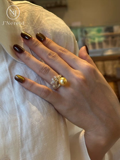 Iris Floral Branch Design South Sea Golden Pearl Ring |10‑11mm Medium Gold Near‑Round Minor Blemishes, Fine‑Craft 925 Sterling Silver, Cocktail & Dress‑Up Occasions（Pearl Variation）