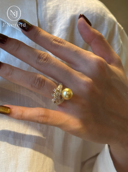 Iris Floral Branch Design South Sea Golden Pearl Ring |10‑11mm Medium Gold Near‑Round Minor Blemishes, Fine‑Craft 925 Sterling Silver, Cocktail & Dress‑Up Occasions（Pearl Variation）