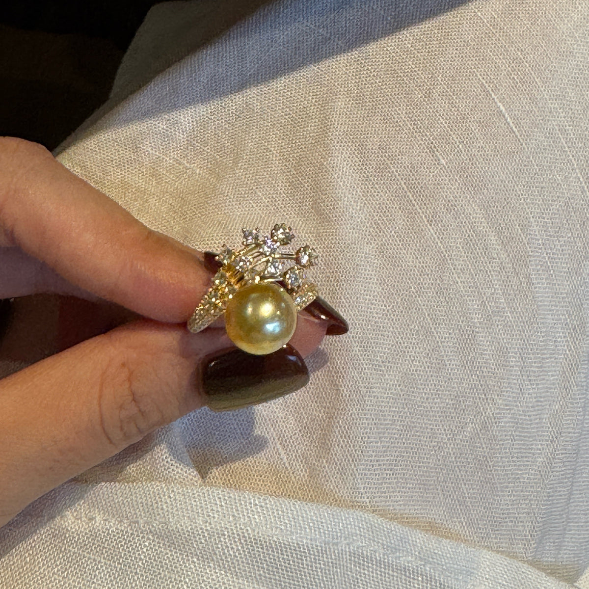 Iris Floral Branch Design South Sea Golden Pearl Ring |10‑11mm Medium Gold Near‑Round Minor Blemishes, Fine‑Craft 925 Sterling Silver, Cocktail & Dress‑Up Occasions（Pearl Variation）