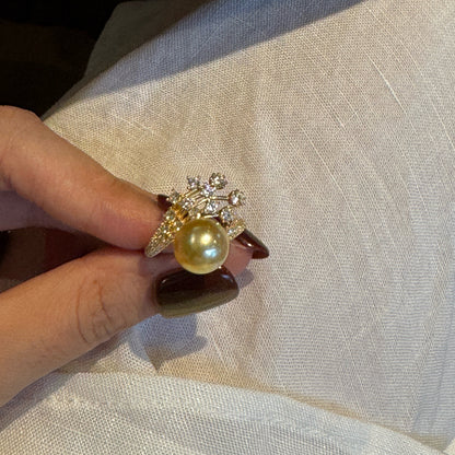 Iris Floral Branch Design South Sea Golden Pearl Ring |10‑11mm Medium Gold Near‑Round Minor Blemishes, Fine‑Craft 925 Sterling Silver, Cocktail & Dress‑Up Occasions（Pearl Variation）