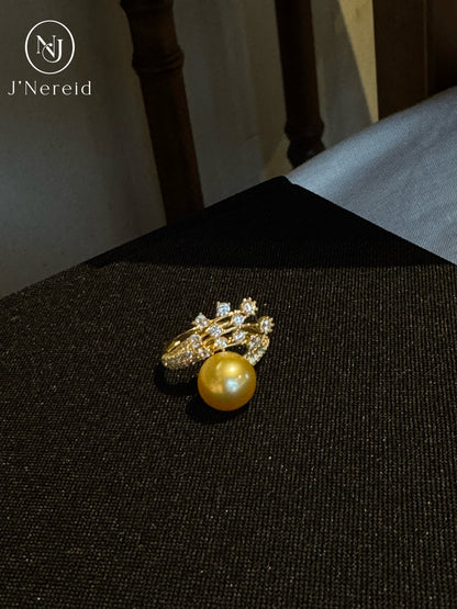 Iris Floral Branch Design South Sea Golden Pearl Ring |10‑11mm Medium Gold Near‑Round Minor Blemishes, Fine‑Craft 925 Sterling Silver, Cocktail & Dress‑Up Occasions（Pearl Variation）