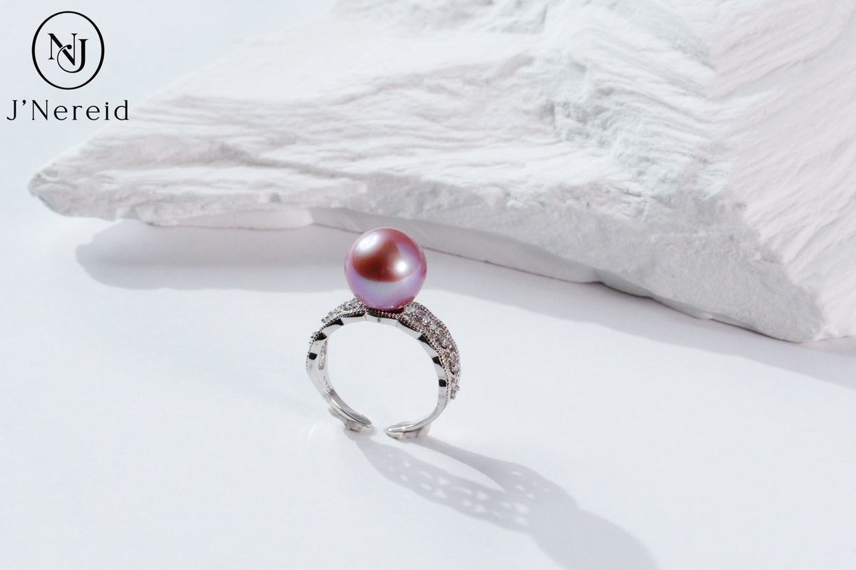 Vintage Filigree Freshwater Edison Purple Pearl Ring 10‑11mm | S925 Silver Open Band with Pave Crystals, Elegant Daily & Occasion Jewelry（Pearl Variation）