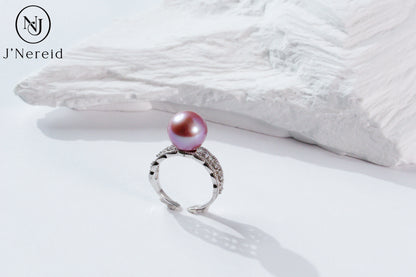 Vintage Filigree Freshwater Edison Purple Pearl Ring 10‑11mm | S925 Silver Open Band with Pave Crystals, Elegant Daily & Occasion Jewelry（Pearl Variation）
