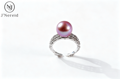 Vintage Filigree Freshwater Edison Purple Pearl Ring 10‑11mm | S925 Silver Open Band with Pave Crystals, Elegant Daily & Occasion Jewelry（Pearl Variation）
