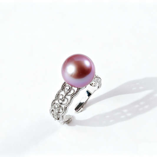 Vintage Filigree Freshwater Edison Purple Pearl Ring 10‑11mm | S925 Silver Open Band with Pave Crystals, Elegant Daily & Occasion Jewelry（Pearl Variation）