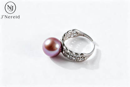 Vintage Filigree Freshwater Edison Purple Pearl Ring 10‑11mm | S925 Silver Open Band with Pave Crystals, Elegant Daily & Occasion Jewelry（Pearl Variation）