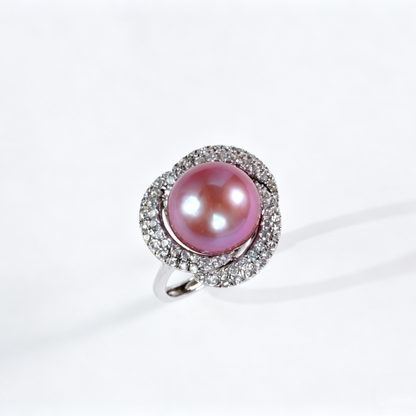 Luxury Intertwined Swirl Pave Crystal Freshwater Edison Deep Purple Pearl Ring 11‑12mm | S925 Sterling Silver Statement Open‑Adjustable Ring for Gala & Premium Gifting（Pearl Variation）