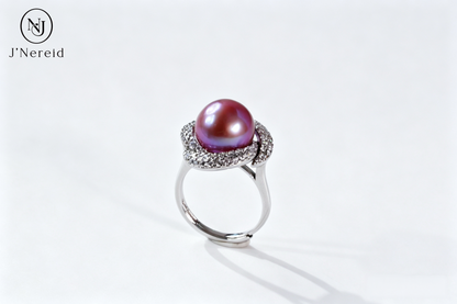 Luxury Intertwined Swirl Pave Crystal Freshwater Edison Deep Purple Pearl Ring 11‑12mm | S925 Sterling Silver Statement Open‑Adjustable Ring for Gala & Premium Gifting（Pearl Variation）