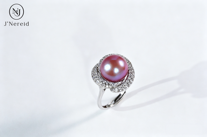 Luxury Intertwined Swirl Pave Crystal Freshwater Edison Deep Purple Pearl Ring 11‑12mm | S925 Sterling Silver Statement Open‑Adjustable Ring for Gala & Premium Gifting（Pearl Variation）