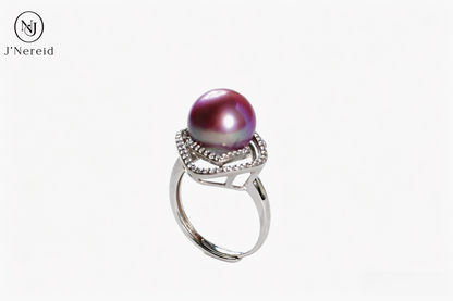 Luxury Diamond‑Shaped Layered Rose Pave Crystal Freshwater Edison Deep Purple Pearl Ring 11‑12mm | S925 Sterling Silver Statement Open‑Adjustable Ring for Gala & Premium Gifting（Pearl Variation）