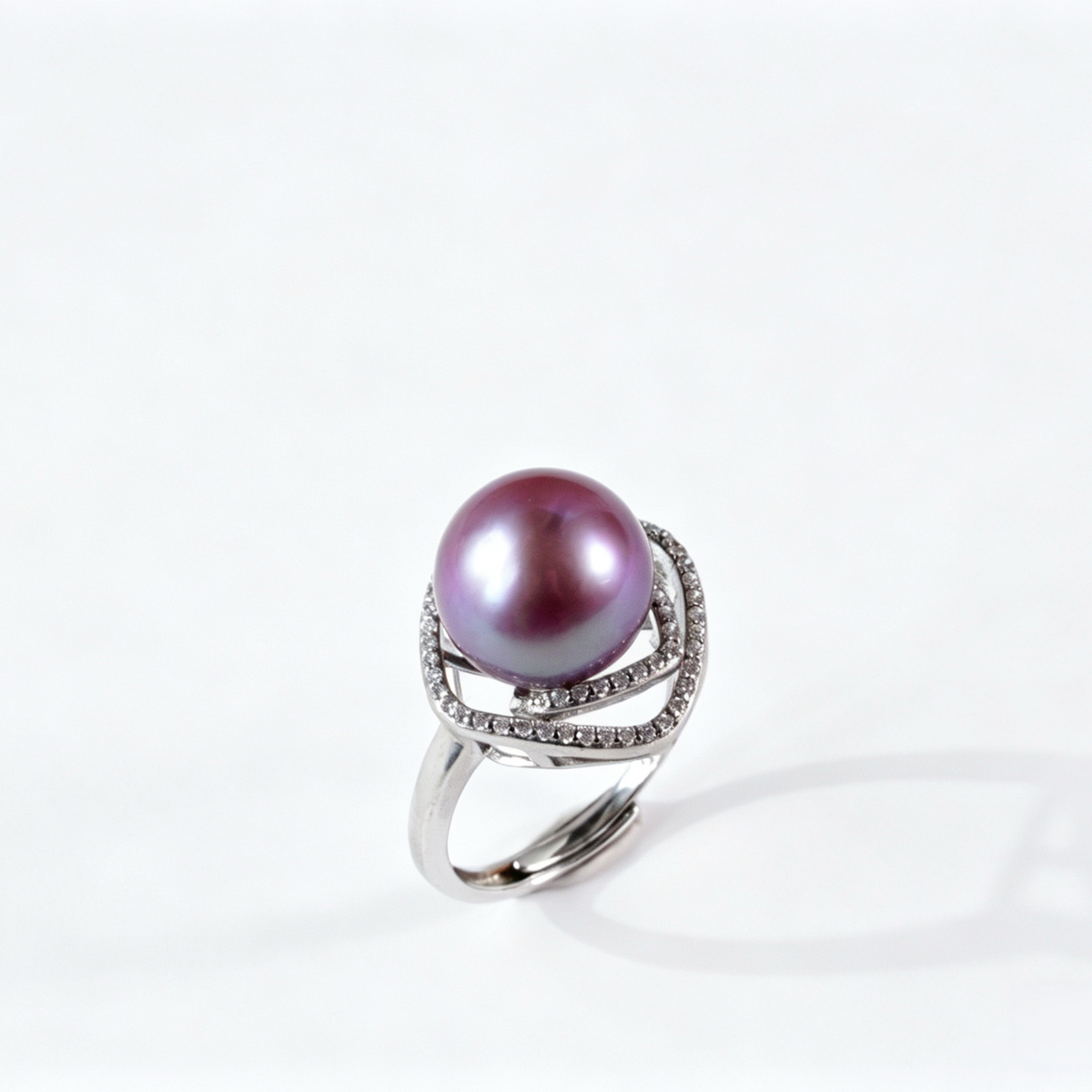 Luxury Diamond‑Shaped Layered Rose Pave Crystal Freshwater Edison Deep Purple Pearl Ring 11‑12mm | S925 Sterling Silver Statement Open‑Adjustable Ring for Gala & Premium Gifting（Pearl Variation）