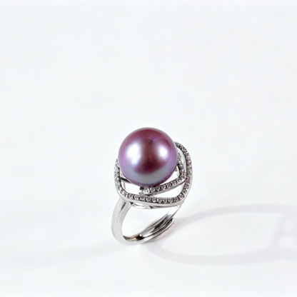 Luxury Diamond‑Shaped Layered Rose Pave Crystal Freshwater Edison Deep Purple Pearl Ring 11‑12mm | S925 Sterling Silver Statement Open‑Adjustable Ring for Gala & Premium Gifting（Pearl Variation）