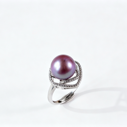 Luxury Diamond‑Shaped Layered Rose Pave Crystal Freshwater Edison Deep Purple Pearl Ring 11‑12mm | S925 Sterling Silver Statement Open‑Adjustable Ring for Gala & Premium Gifting（Pearl Variation）