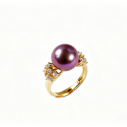 Luxury Dual‑Cluster Starburst Pave Crystal Freshwater Edison Deep Purple Pearl Ring 11‑12mm | Gold‑Tone S925 Sterling Silver Statement Adjustable Open‑Band for Gala & Gifting（Pearl Variation）