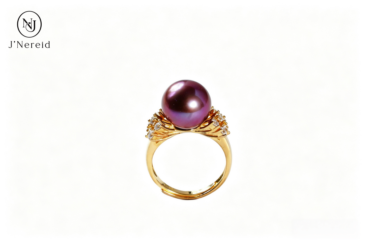 Luxury Dual‑Cluster Starburst Pave Crystal Freshwater Edison Deep Purple Pearl Ring 11‑12mm | Gold‑Tone S925 Sterling Silver Statement Adjustable Open‑Band for Gala & Gifting（Pearl Variation）
