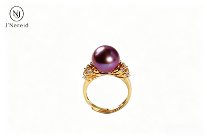 Luxury Dual‑Cluster Starburst Pave Crystal Freshwater Edison Deep Purple Pearl Ring 11‑12mm | Gold‑Tone S925 Sterling Silver Statement Adjustable Open‑Band for Gala & Gifting（Pearl Variation）