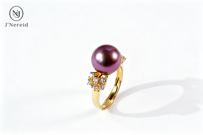 Luxury Dual‑Cluster Starburst Pave Crystal Freshwater Edison Deep Purple Pearl Ring 11‑12mm | Gold‑Tone S925 Sterling Silver Statement Adjustable Open‑Band for Gala & Gifting（Pearl Variation）