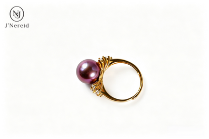 Luxury Dual‑Cluster Starburst Pave Crystal Freshwater Edison Deep Purple Pearl Ring 11‑12mm | Gold‑Tone S925 Sterling Silver Statement Adjustable Open‑Band for Gala & Gifting（Pearl Variation）