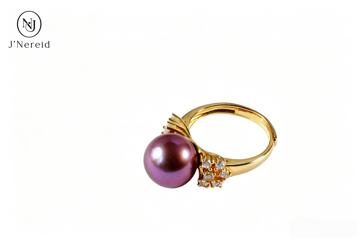Luxury Dual‑Cluster Starburst Pave Crystal Freshwater Edison Deep Purple Pearl Ring 11‑12mm | Gold‑Tone S925 Sterling Silver Statement Adjustable Open‑Band for Gala & Gifting（Pearl Variation）