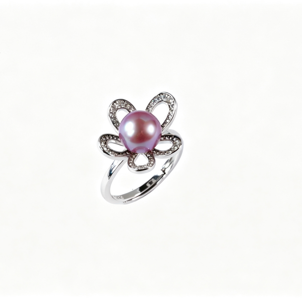 Elegant Hollow 5‑Petal Flower Freshwater Edison Purple Pearl Ring 8‑9mm | S925 Sterling Silver Adjustable Statement Ring for Party Wedding Daily Wear & Gift（Pearl Variation）