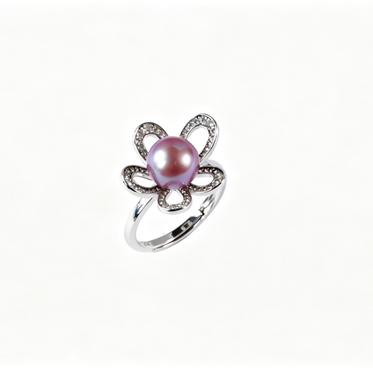 Elegant Hollow 5‑Petal Flower Freshwater Edison Purple Pearl Ring 8‑9mm | S925 Sterling Silver Adjustable Statement Ring for Party Wedding Daily Wear & Gift（Pearl Variation）