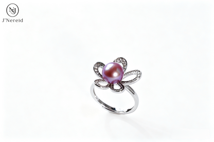 Elegant Hollow 5‑Petal Flower Freshwater Edison Purple Pearl Ring 8‑9mm | S925 Sterling Silver Adjustable Statement Ring for Party Wedding Daily Wear & Gift（Pearl Variation）