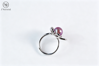 Elegant Hollow 5‑Petal Flower Freshwater Edison Purple Pearl Ring 8‑9mm | S925 Sterling Silver Adjustable Statement Ring for Party Wedding Daily Wear & Gift（Pearl Variation）