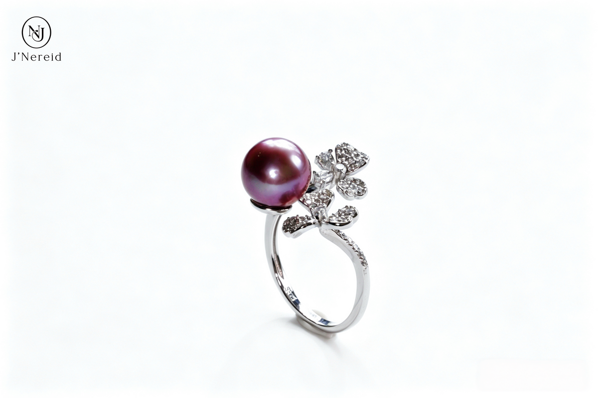 Lucky Dual Four‑Leaf‑Clover Freshwater Edison Purple Pearl Ring 9‑10mm | S925 Sterling Silver Open Adjustable Statement Ring for Daily Party Wedding Gifting（Pearl  Variation）