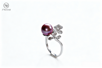 Lucky Dual Four‑Leaf‑Clover Freshwater Edison Purple Pearl Ring 9‑10mm | S925 Sterling Silver Open Adjustable Statement Ring for Daily Party Wedding Gifting（Pearl  Variation）