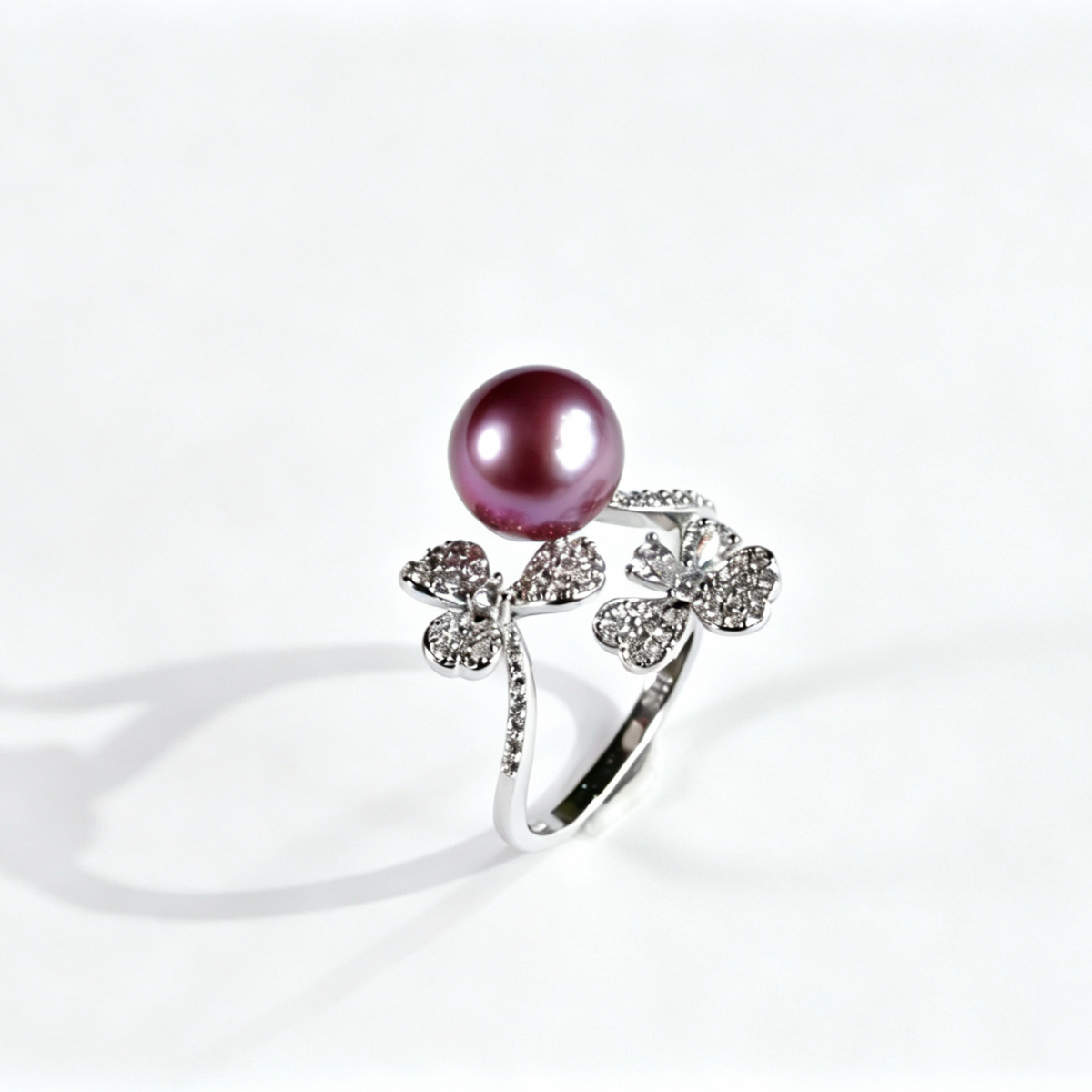 Lucky Dual Four‑Leaf‑Clover Freshwater Edison Purple Pearl Ring 9‑10mm | S925 Sterling Silver Open Adjustable Statement Ring for Daily Party Wedding Gifting（Pearl  Variation）