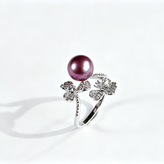 Lucky Dual Four‑Leaf‑Clover Freshwater Edison Purple Pearl Ring 9‑10mm | S925 Sterling Silver Open Adjustable Statement Ring for Daily Party Wedding Gifting（Pearl  Variation）