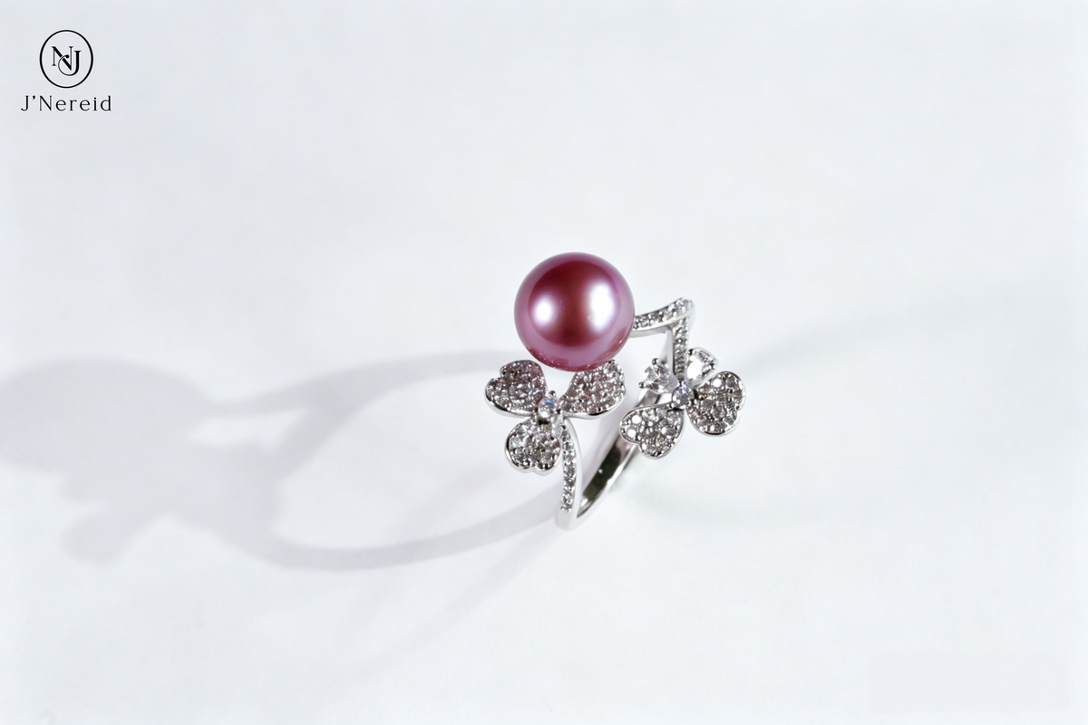 Lucky Dual Four‑Leaf‑Clover Freshwater Edison Purple Pearl Ring 9‑10mm | S925 Sterling Silver Open Adjustable Statement Ring for Daily Party Wedding Gifting（Pearl  Variation）