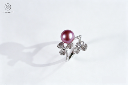 Lucky Dual Four‑Leaf‑Clover Freshwater Edison Purple Pearl Ring 9‑10mm | S925 Sterling Silver Open Adjustable Statement Ring for Daily Party Wedding Gifting（Pearl  Variation）