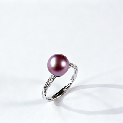 Twisted Intertwined Band Freshwater Edison Purple Pearl Ring 9‑10mm | S925 Sterling Silver Pave Crystal Open Adjustable Ring for Office Dinner Party Gifting（Pearl Variation）