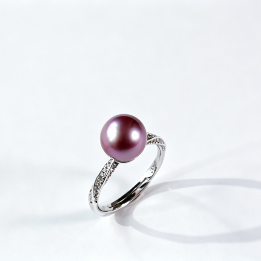 Twisted Intertwined Band Freshwater Edison Purple Pearl Ring 9‑10mm | S925 Sterling Silver Pave Crystal Open Adjustable Ring for Office Dinner Party Gifting（Pearl Variation）