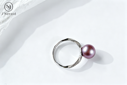 Twisted Intertwined Band Freshwater Edison Purple Pearl Ring 9‑10mm | S925 Sterling Silver Pave Crystal Open Adjustable Ring for Office Dinner Party Gifting（Pearl Variation）