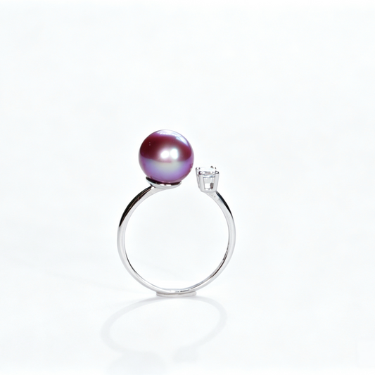Asymmetrical Open‑Shank Freshwater Edison Deep Purple Pearl Ring 8‑9mm | S925 Sterling Silver Solitaire Accent Crystal Adjustable Ring for Daily Wear Evening Occasions Gifting(Pearl Variation)