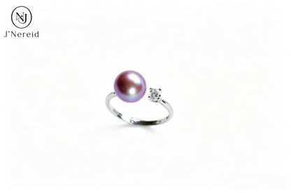 Asymmetrical Open‑Shank Freshwater Edison Deep Purple Pearl Ring 8‑9mm | S925 Sterling Silver Solitaire Accent Crystal Adjustable Ring for Daily Wear Evening Occasions Gifting(Pearl Variation)
