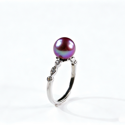 Vintage Wheat‑Shank Pave Crystal Freshwater Edison Deep Purple Pearl Ring 8‑9mm | S925 Sterling Silver Open Adjustable Ring for Office Banquet Gift（Pearl Variation）