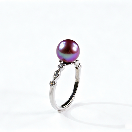 Vintage Wheat‑Shank Pave Crystal Freshwater Edison Deep Purple Pearl Ring 8‑9mm | S925 Sterling Silver Open Adjustable Ring for Office Banquet Gift（Pearl Variation）