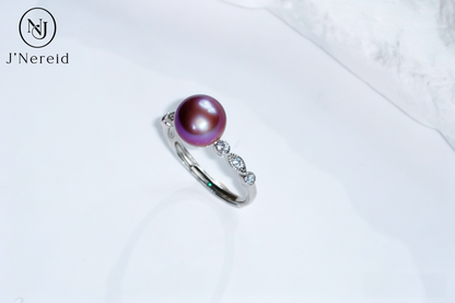 Vintage Wheat‑Shank Pave Crystal Freshwater Edison Deep Purple Pearl Ring 8‑9mm | S925 Sterling Silver Open Adjustable Ring for Office Banquet Gift（Pearl Variation）