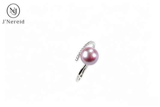 Twisted Curved Pave‑Crystal Open‑Shank Freshwater Edison Deep Purple Pearl Ring 8‑9mm | S925 Sterling Silver Adjustable Statement Ring for Daily Wear & Special Occasions（Pearl Variation）