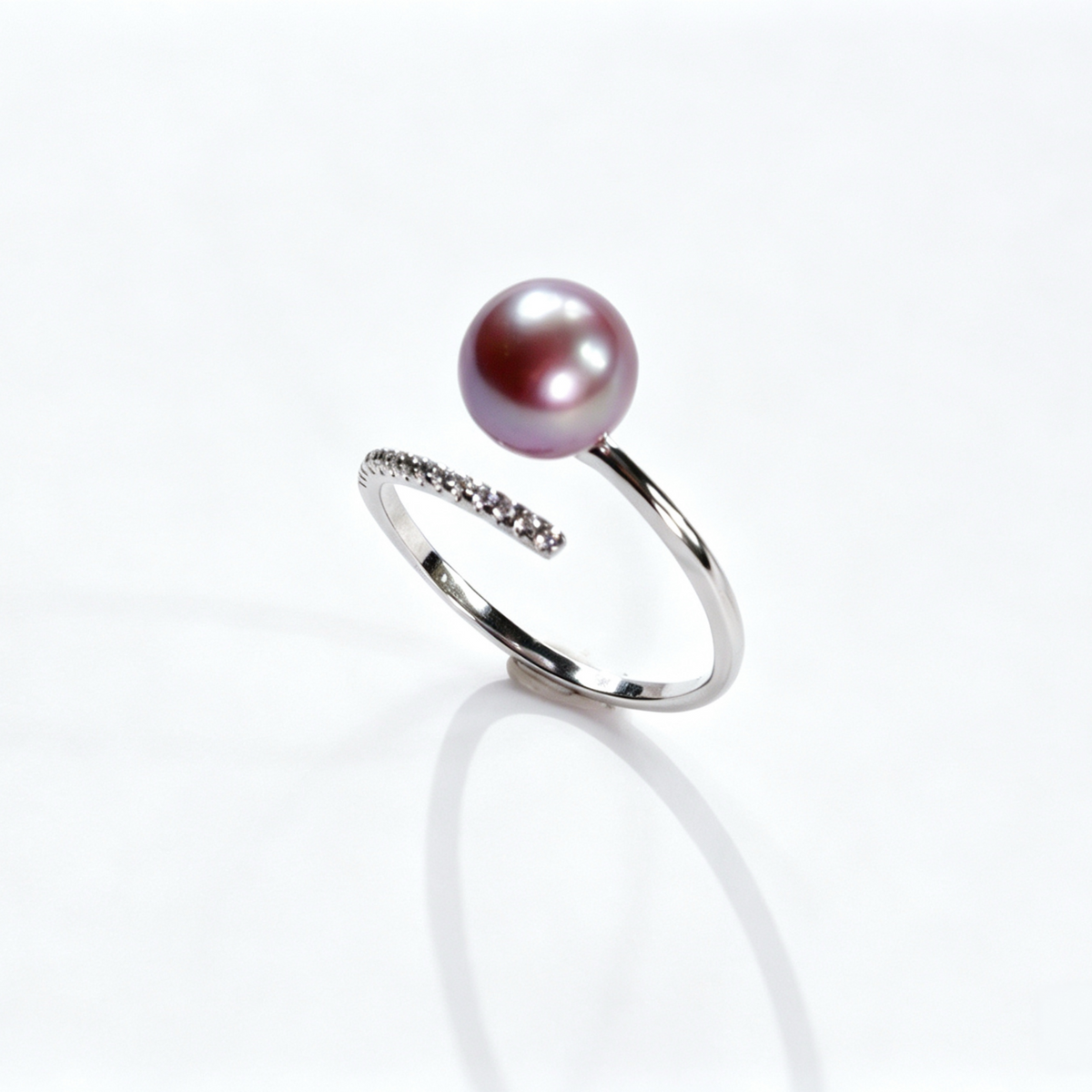 Twisted Curved Pave‑Crystal Open‑Shank Freshwater Edison Deep Purple Pearl Ring 8‑9mm | S925 Sterling Silver Adjustable Statement Ring for Daily Wear & Special Occasions（Pearl Variation）