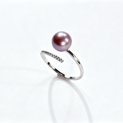 Twisted Curved Pave‑Crystal Open‑Shank Freshwater Edison Deep Purple Pearl Ring 8‑9mm | S925 Sterling Silver Adjustable Statement Ring for Daily Wear & Special Occasions（Pearl Variation）