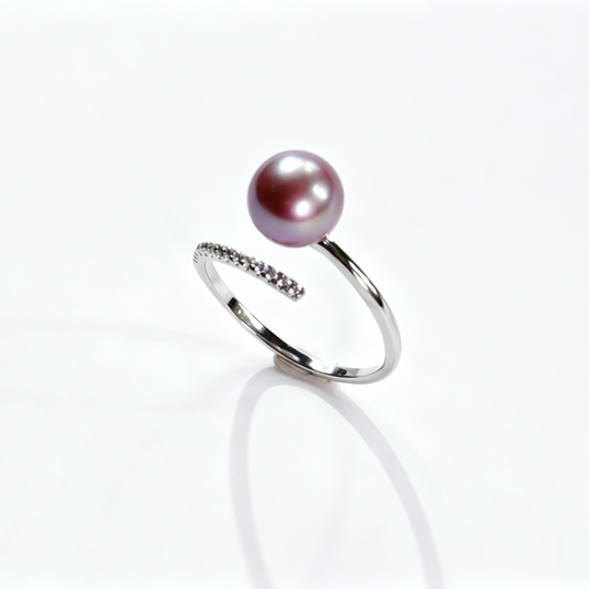 Twisted Curved Pave‑Crystal Open‑Shank Freshwater Edison Deep Purple Pearl Ring 8‑9mm | S925 Sterling Silver Adjustable Statement Ring for Daily Wear & Special Occasions（Pearl Variation）