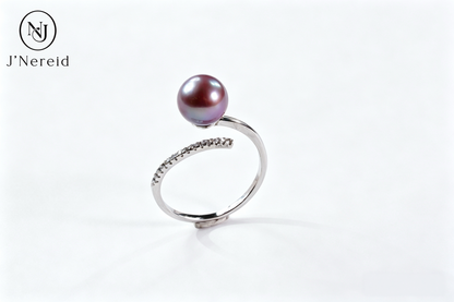 Twisted Curved Pave‑Crystal Open‑Shank Freshwater Edison Deep Purple Pearl Ring 8‑9mm | S925 Sterling Silver Adjustable Statement Ring for Daily Wear & Special Occasions（Pearl Variation）